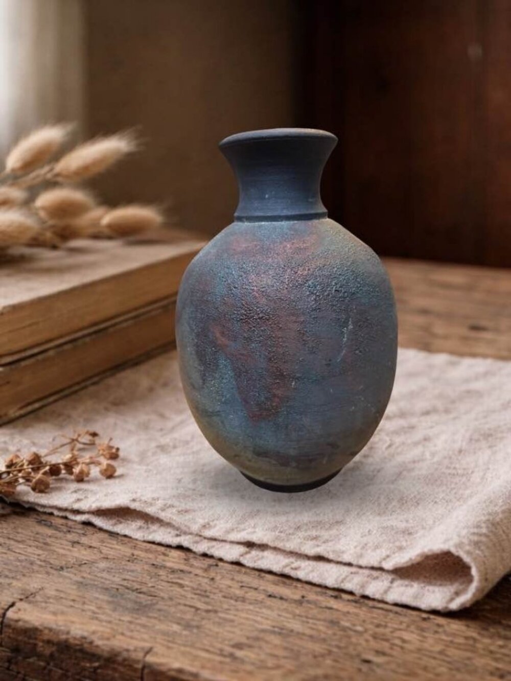Handcrafted Raku Pottery Vase With Multicolor Iridescent Finish Unique Wabi Sabi - Picture 2 of 13